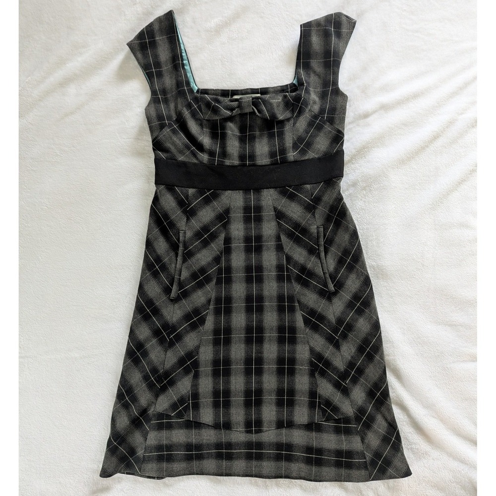 Moulinette Soeurs Plaid Sleeveless Bow Dress Grey Black Sz 6 Dark Academia